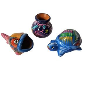 Mexican Folk Art Pottery Set Turtle Trinket Box Fish Figurine Bud Vase Blue 3pc